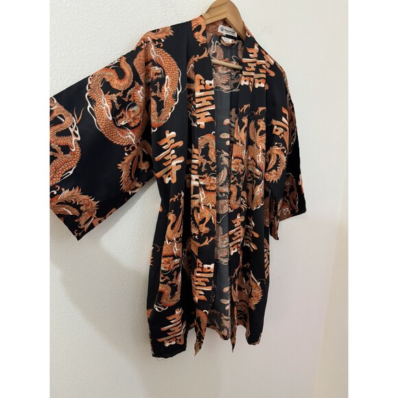 JAPANESE KIMONO Black Orange Dragons Unbelted Size 34 Men Small Women XL - Picture 2 of 6